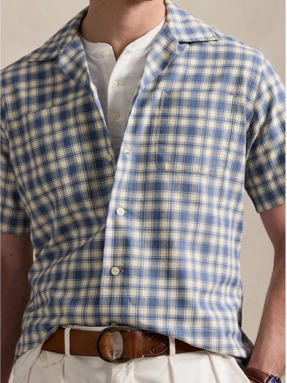 Polo by Ralph Lauren Classic fit Blue and Cream Plaid oxford camp work shirt XL